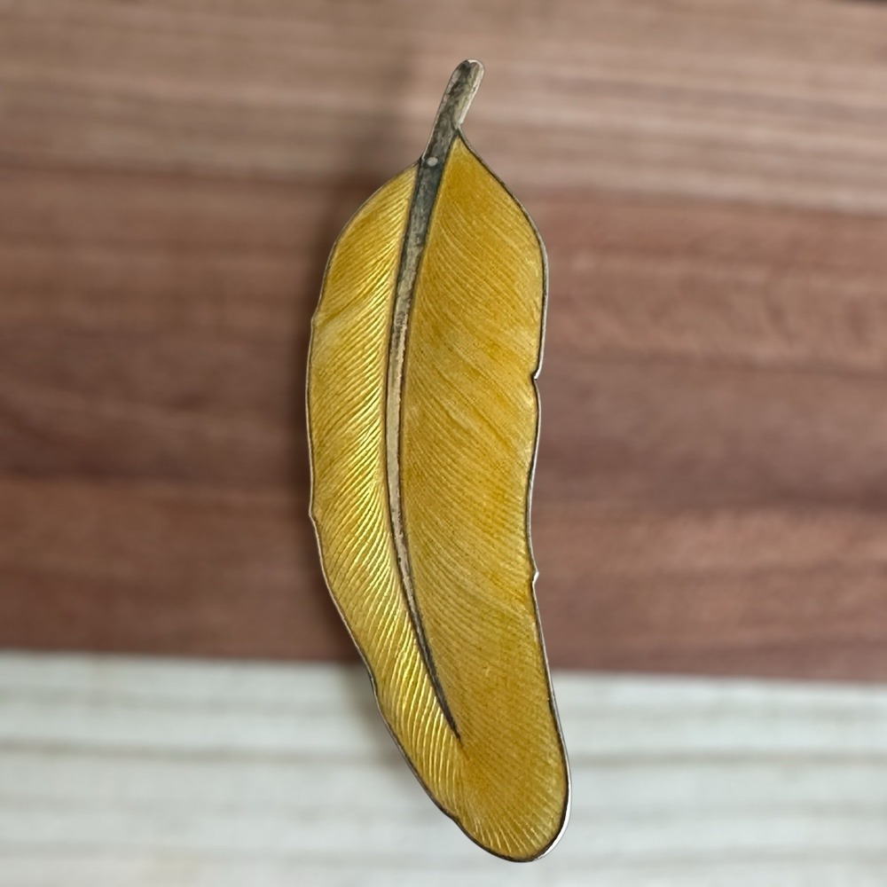 VTG E Dragsted Feather Brooch Pin 2.875 Inch Denmark Gold Enamel Sterling‎ 13.8g